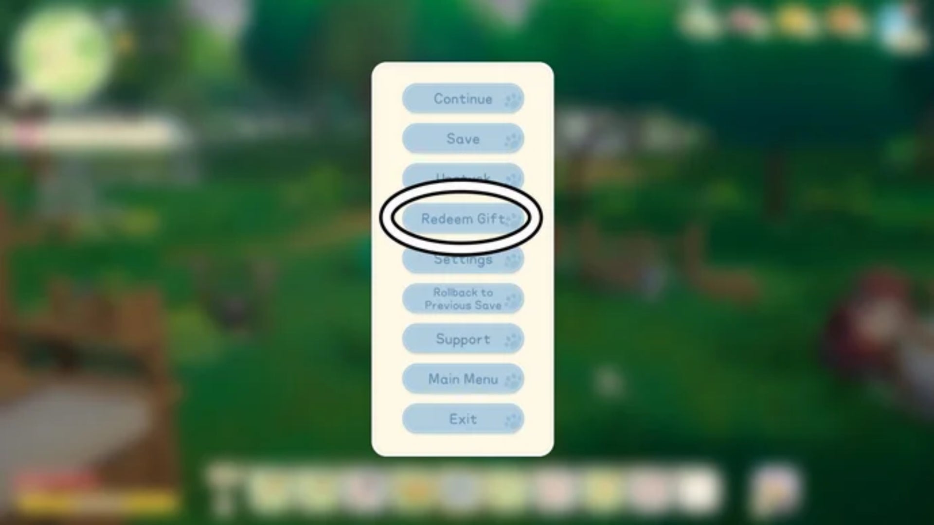 A screenshot from Starsand Island, showing the main menu screen with a highlight around the redeem codes option. - 3