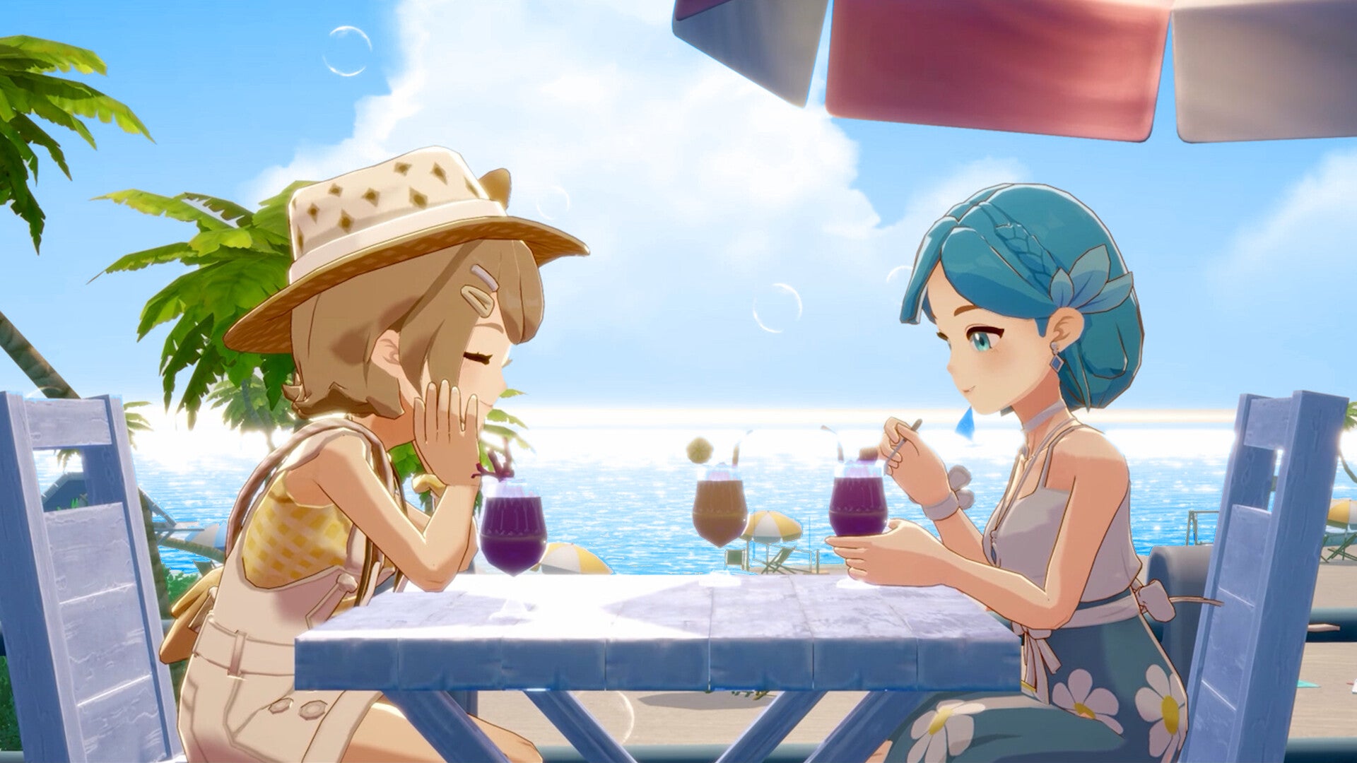 Solara and Serena from Starsand Island sit at an outdoor café table by the beach under a red umbrella, drinking cocktails together. - 1