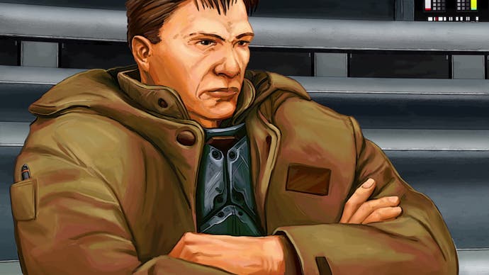 An illustrative close-up of a male character in a big brown coat with their arms folded and looking very disgruntled.