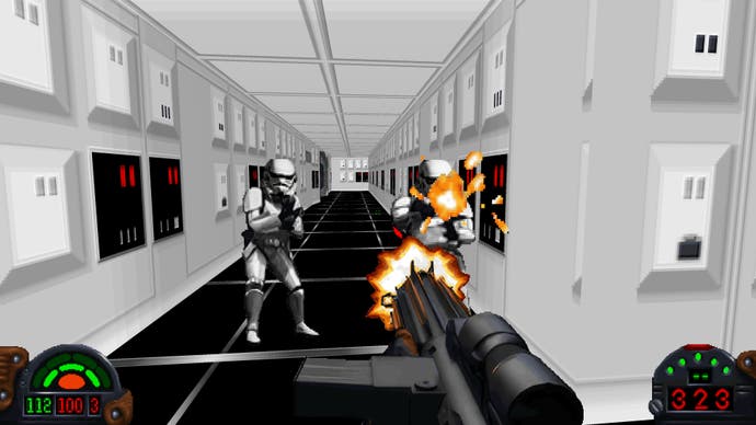 A classic, white-walled corridor in a Star Wars star destroyer spaceship, with our player character mowing down a couple of stormtroopers on their way.