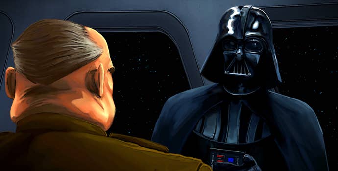 An illustrative cutscene showing Darth Vader in conversation with a uniformed general on the spaceship. I presume he’s saying something like, “I find your lack of faith disturbing, General.” But who knows?
