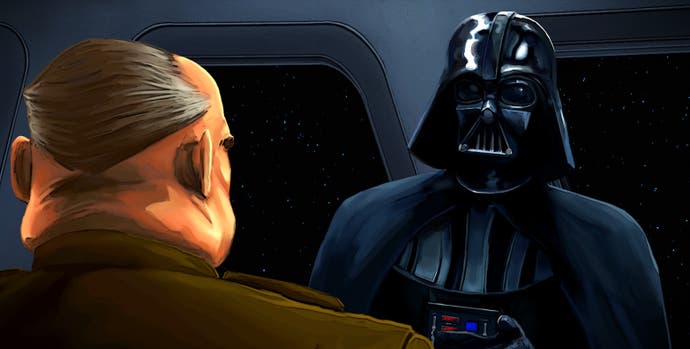 An illustrative cutscene showing Darth Vader in conversation with a uniformed general on the spaceship. I presume he's saying something like, "I find your lack of faith disturbing, General." But who knows?