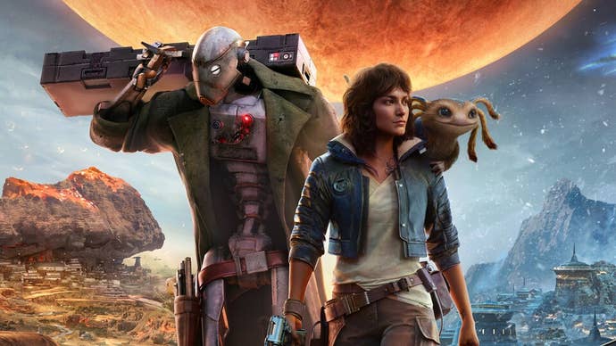 Key art for Star Wars Outlaws, showing hero Kay on the right and a droid on their right. A small animal is on Kay’s shoulder, and a huge planet looms in the background behind them.