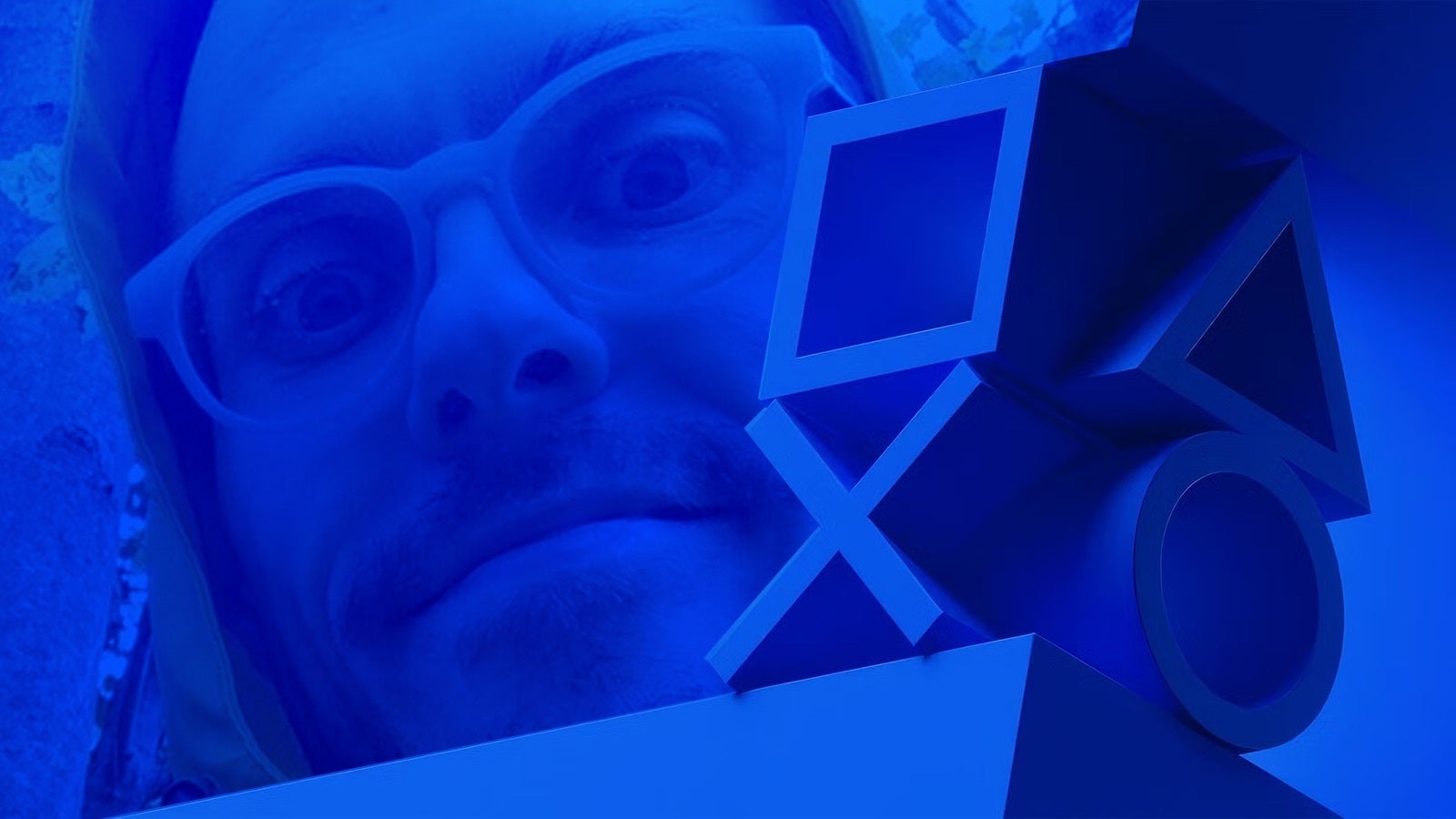 A blue-hued PlayStation circle, cross, triangle, square totem pole, behind which peers Bertie, the Eurogamer writer, like a gigantic idiot.