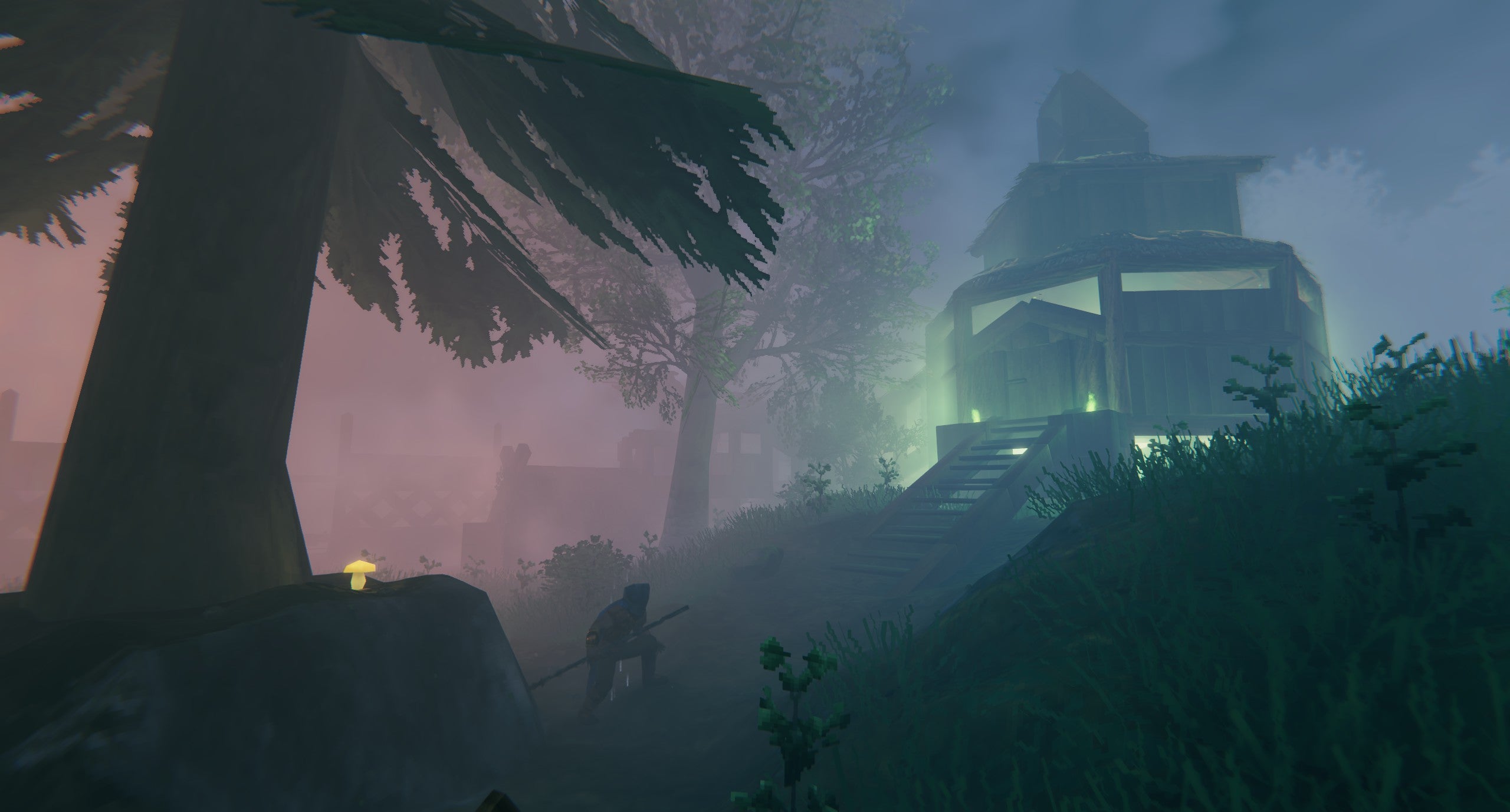 state of the game valheim - approaching a glowing cabin in the woods at night