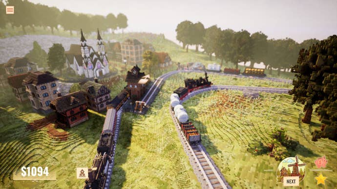 A town in Station To Station with three trains passing by on tracks