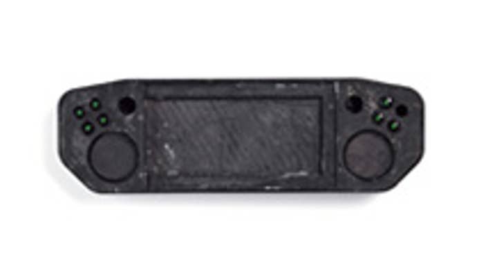 A Steam Deck prototype on a white background.