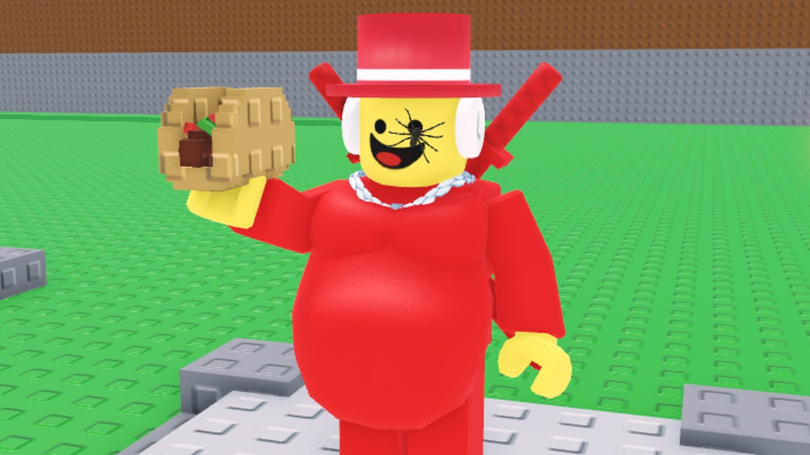 The Roblox character of Steal a Brainrot creator Sammy. The character is wearing a red, one-piece outfit with a red hat, and is also equipped with red weapons. The character, who appears during the Taco Tuesday admin abuse event, is smiling and holding a taco. - 3