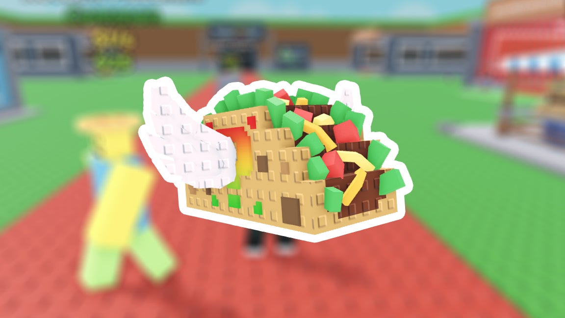 A blocky, Roblox taco is front and centre of the image. In the background is the runway that brainrot characters walk down in the Roblox game Steal a Brainrot. During the Taco Tuesday admin abuse event tacos fly through the air and hit characters walking down this red runway. - 1