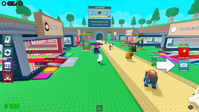 A screenshot of Steal a Capybara in Roblox showing the game's codes button.