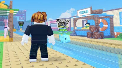 A Roblox character watching as different fish pass them by in a stream in the Roblox game Steal a Fish.