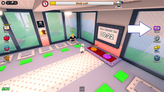A screenshot of Steal an Anime in Roblox showing the game's codes button.