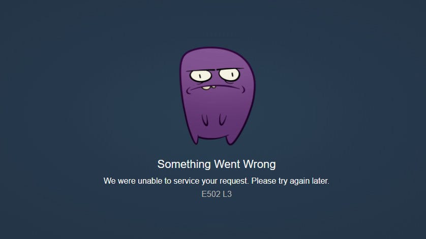 A screengrab of Steam’s 502 error message, with a cute gremlin.