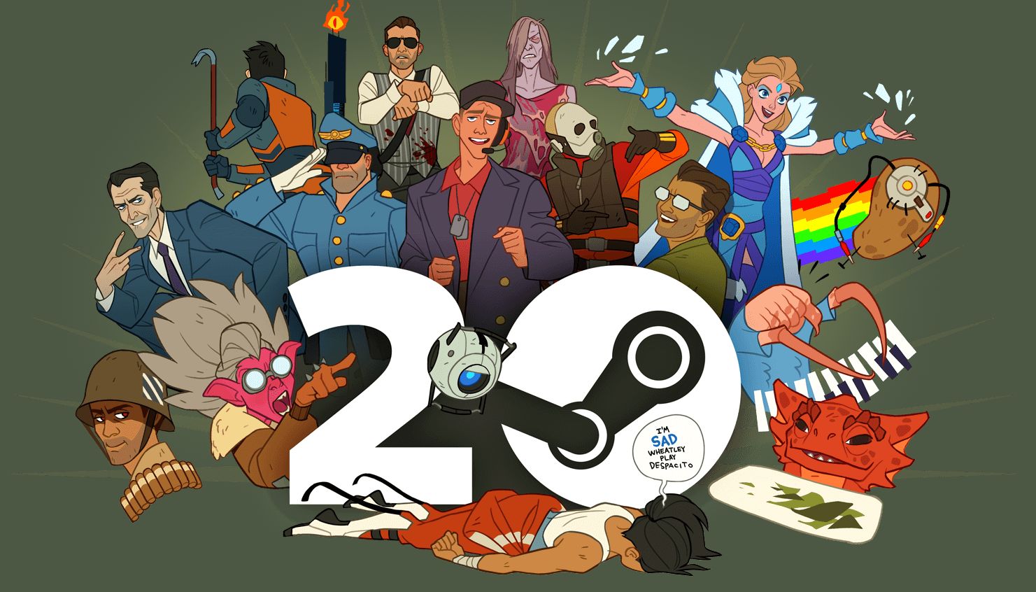An illustration of characters from Valve games celebrating Steam&rsquo;s 20th anniversary.