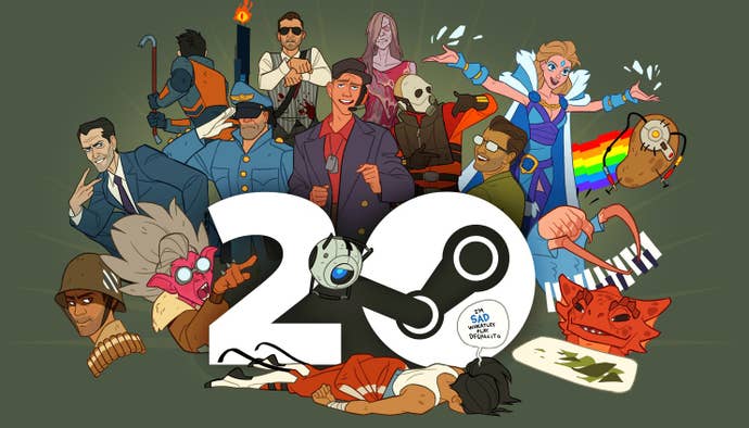 An illustration of characters from Valve games celebrating Steam’s 20th anniversary.