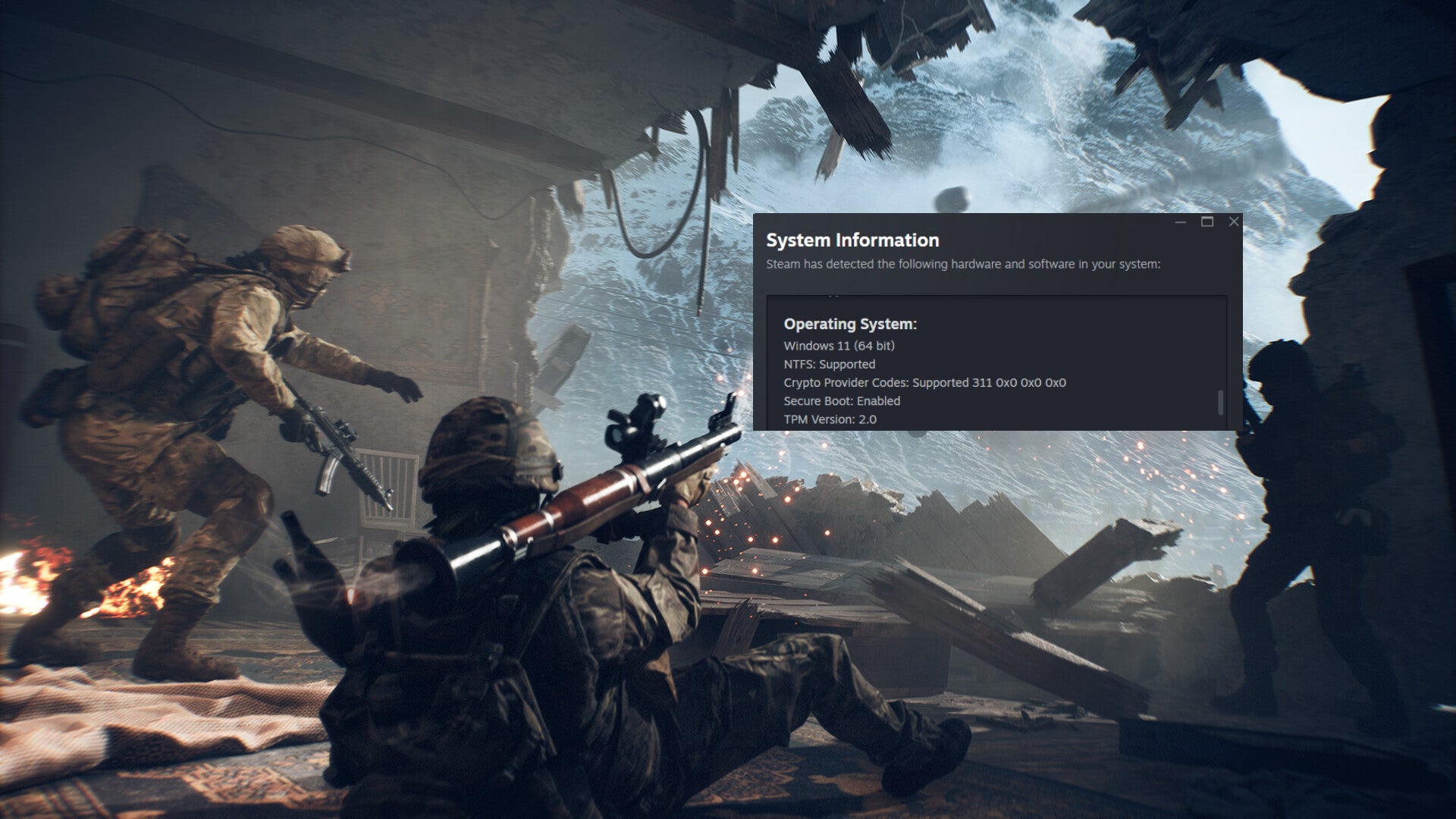 Some soldiers in Battlefield 6 firing at a Steam text box about secure boot. - 1