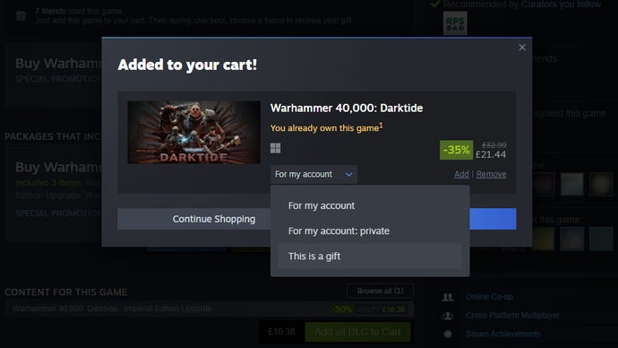 New Steam buying options demonstrated with Darktide.