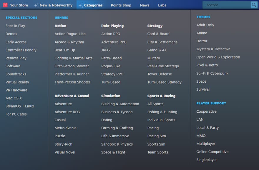 A screenshot of categories in a menu on Steam.