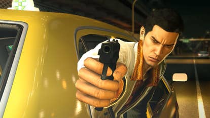 Kazuma Kiryu pointing a weapon successful Yakuza 0.