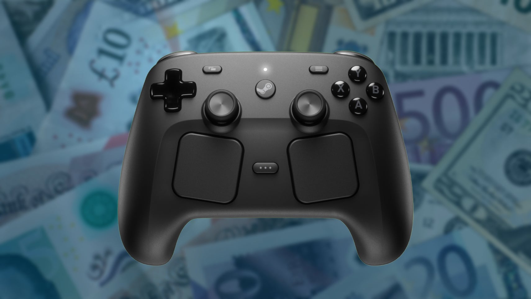 A Steam Controller overlaid on a blue background showing lots of cash