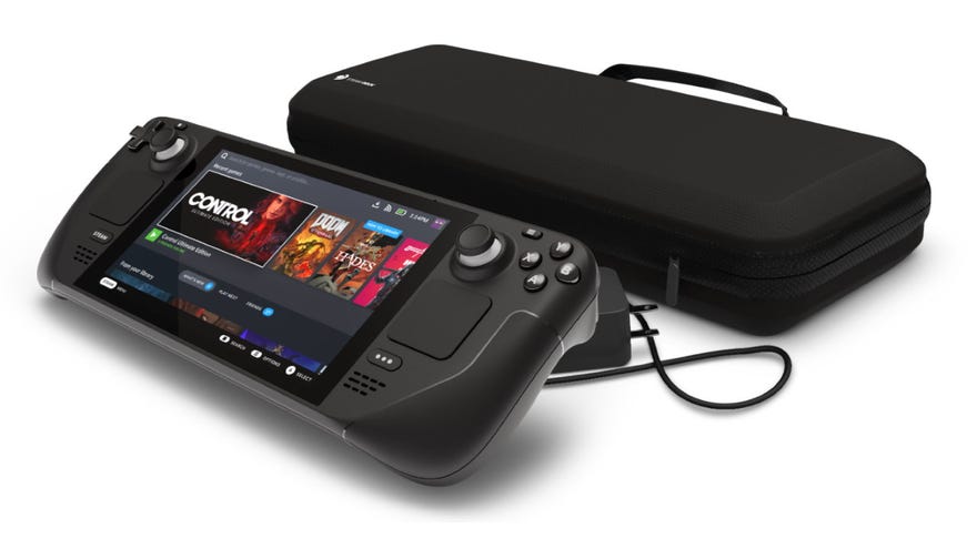 A Steam Deck in front of its official carry case