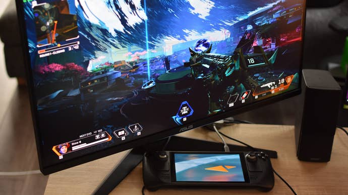 The Steam Deck running Apex Legends on a desktop monitor.