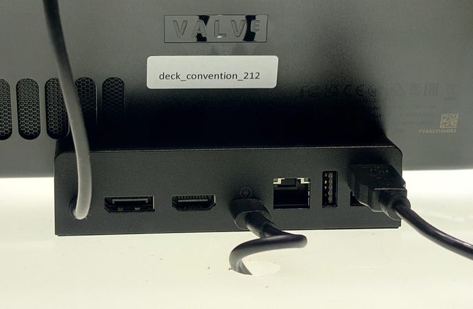 A close-up photo of the ports on the back of the Steam Deck’s dock, taken at the Tokyo Games Show 2022.