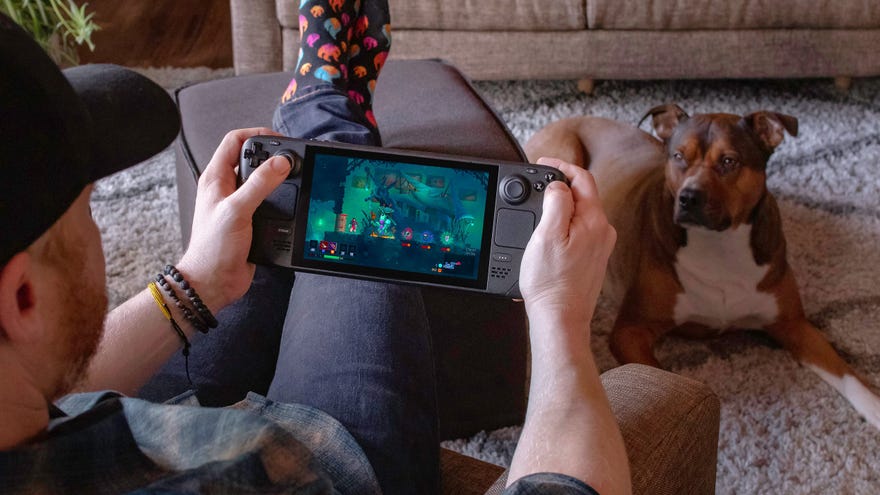 A man playing Dead Cells on a Steam Deck.
