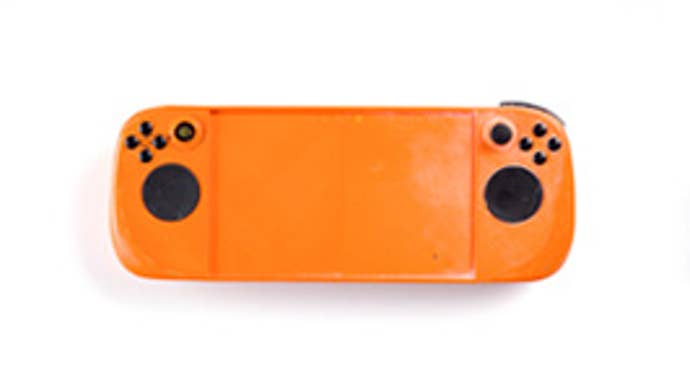 A Steam Deck prototype on a white background.