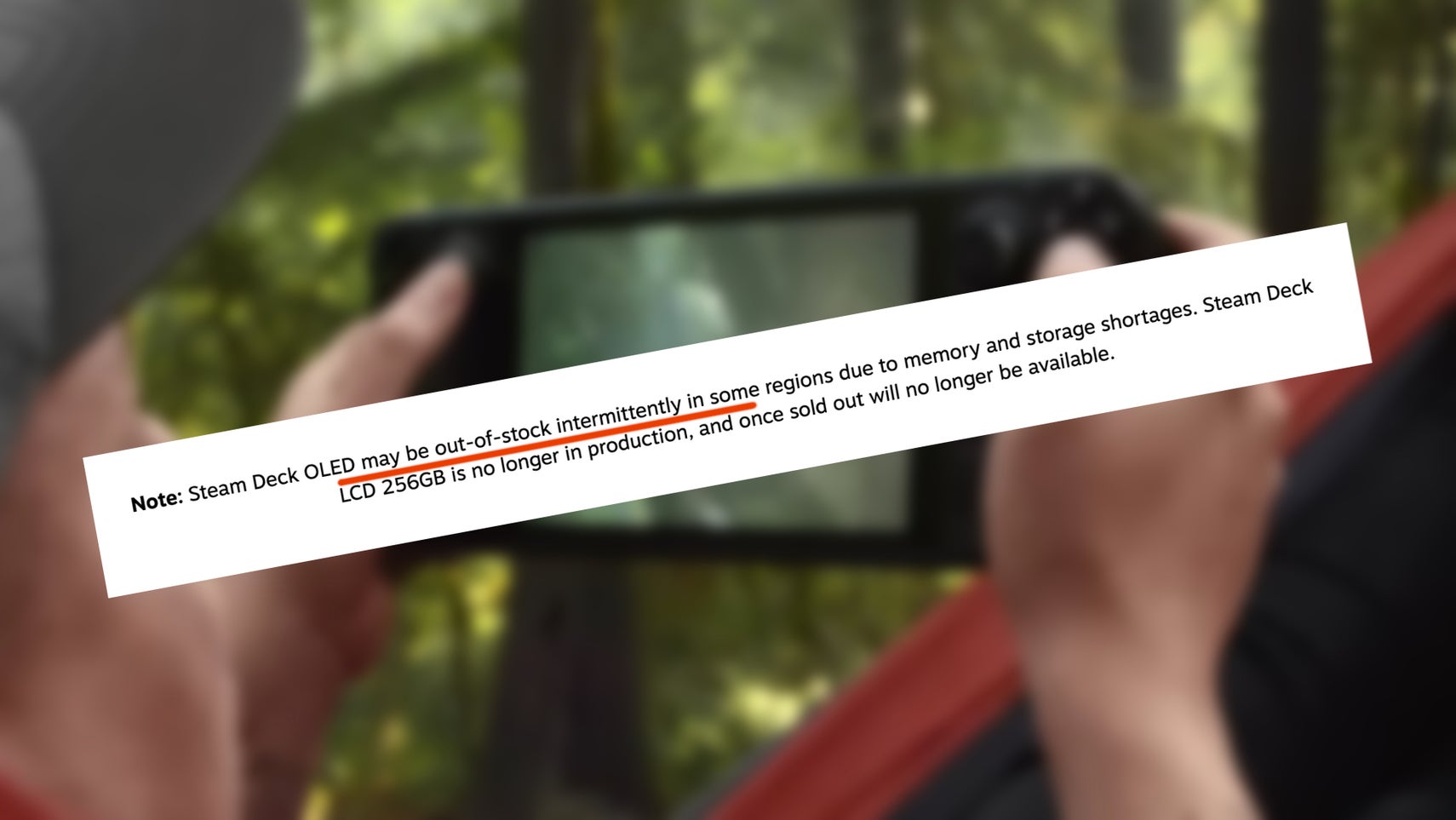 Valve's warning about possible Steam Deck OLED stock shortages superimposed over a blurry background image of a person playing their Steam Deck in a forest.