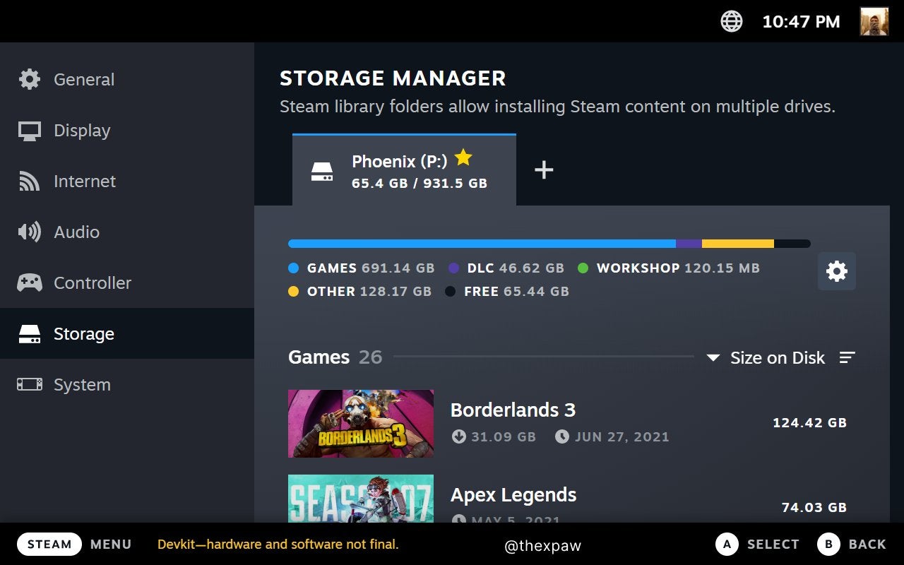 An alleged screenshot of the Steam Deck UI, showing a breakdown of Steam&rsquo;s device storage usage.
