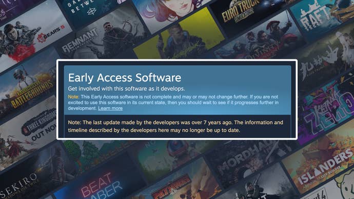 An image showing Steam’s new warning indicating potentially abandoned early access titles, superimposed over cover art from various games.