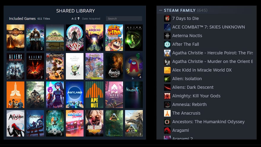 A screenshot of Steam Families' new shared library in thumbnails, and a Steam Family of games in list form