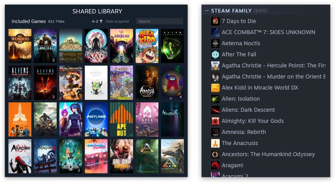 An screenshot showing Valve's new Steam Families shared library feature.