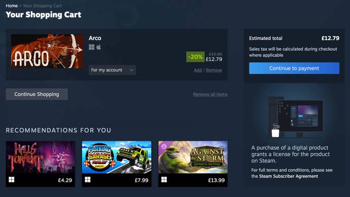 An image of Steam’s shopping card with a sentence explaining customers are purchasing a license when buying a game.