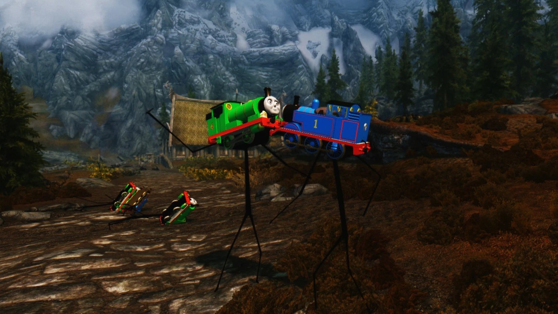 Two stickmen with Thomas the Tank Engine and Percy train heads fight in Skyrim. - 1