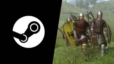Steam logo on black next to a screenshot of medieval soldiers walking across a field in Mount & Blade: Warband.