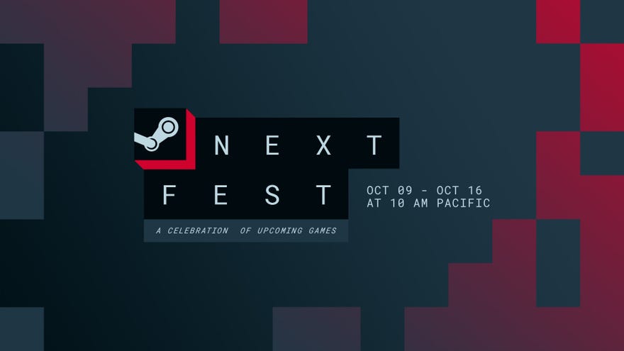 The Steam Next Fest logo for October 2023, in front of a black and red cube background.