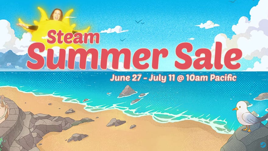 A banner for the Steam Summer Sale advertises discounts while showing a sunny beach and a woman wearing a silly sun costume.