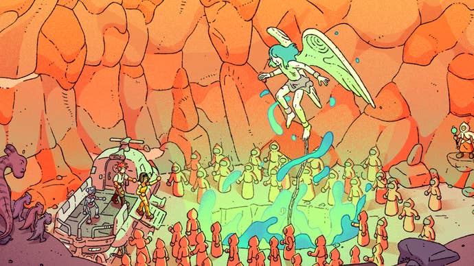 A comic drafting of an angel-like idiosyncratic coming retired of a glowing greenish pit, cultish-looking radical surrounding them.