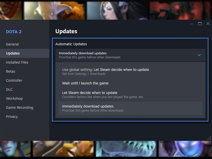 A menu on Steam shows a drop-down option that will let the user download games only when they launch them.