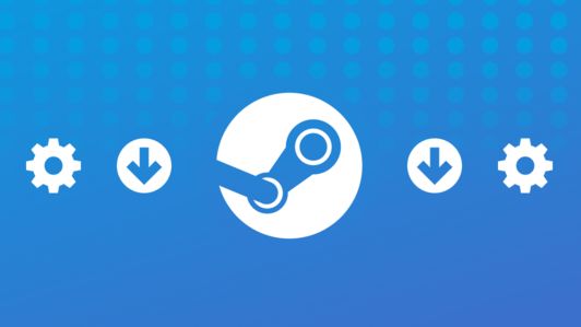 A logo for Steam against a blue background, alongside downloading symbols and a settings cogwheel symbol. - 1