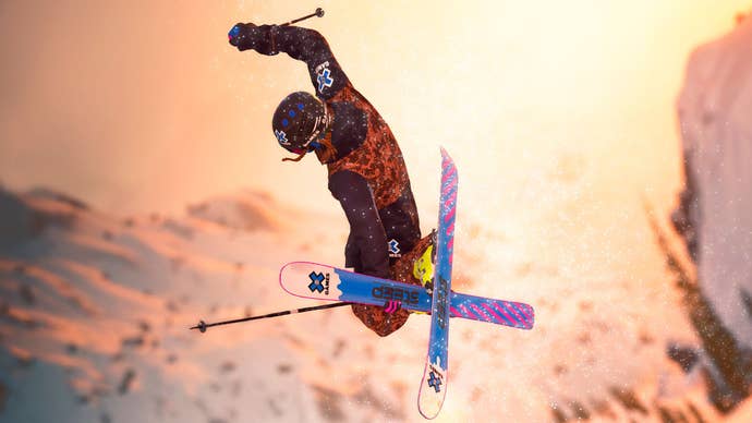 A skier performs a trick with the sun glowing behind.