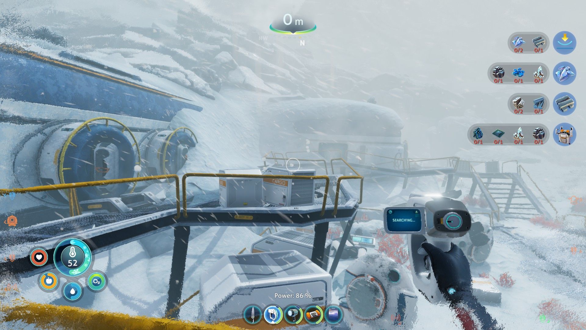 The player looks upon an abandoned research facility during a harsh blizzard. - 5