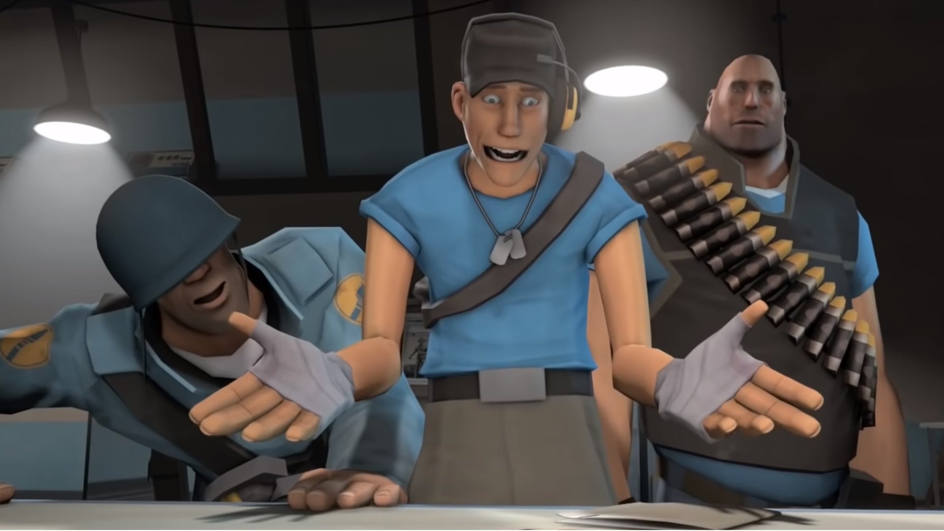 Team Fortress 2 characters looking at a table in surprise. - 1