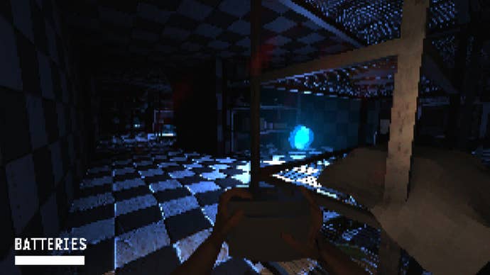 A view of a blue orb on a checkerboard floor in It Steals