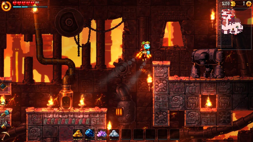 A small robot jet packs to a higher platform in SteamWorld Dig 2