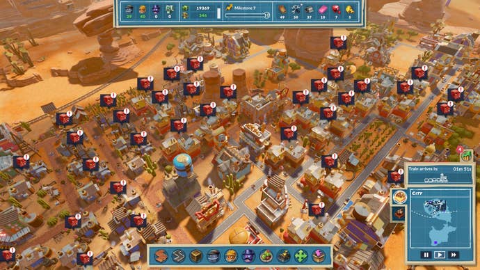 A sea of angry faces hover over rows of robot houses in SteamWorld Build