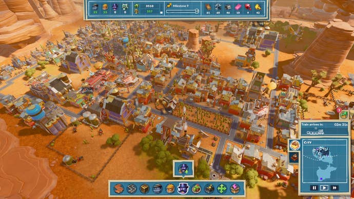 A thriving mining town seen from above in SteamWorld Build