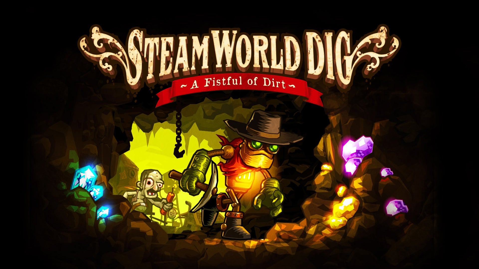 Key art for SteamWorld Dig showing Rusty, a cowboy-looking robot, walking through a dark cave. - 1